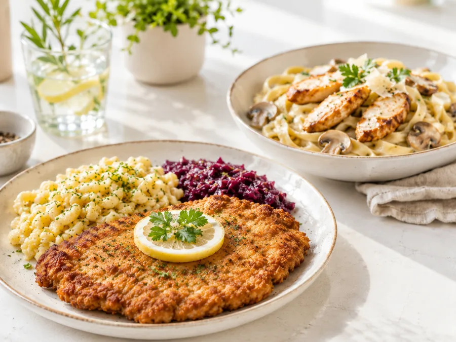 Ein Tablet zeigt die KI-Bildgenerierung, die aus einer Beschreibung ein appetitliches Gerichtsfoto erstellt, mit Stil- und Formatoptionen
