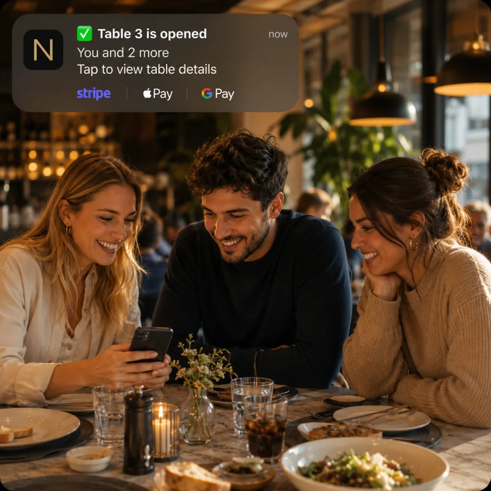 Drei Gäste an einem Restauranttisch teilen sich ein Handy, während eine Benachrichtigung anzeigt, dass ihr gemeinsamer Tisch-Tab gerade geöffnet wurde