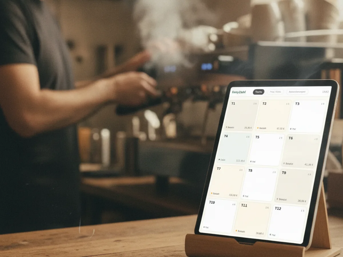 Ein Tablet mit der EasyZahl POS-Tischansicht an einem Restaurant-Tresen