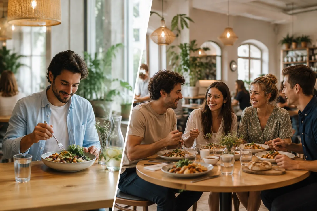 Ein Paar abends zu Hause, auf dem Handy eine Restaurant-Vorbestellung für zwei, fertig zur Abholung um 19 Uhr